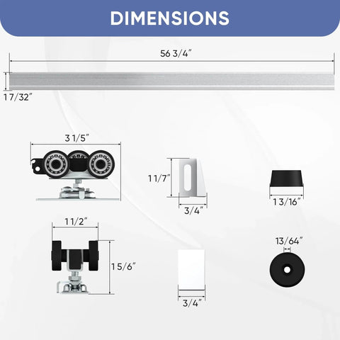 Commercial Grade Pocket Door Hardware And Track Set For 5 Foot Doors, 56.7 Inch Aluminum Box Track and components with dimensions.