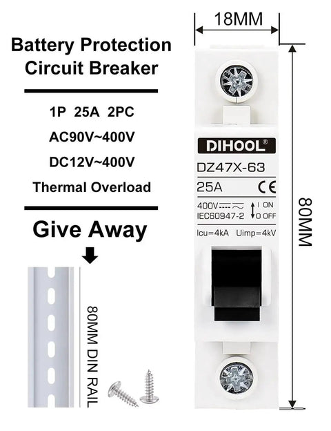 Two Pack AC DC Miniature Circuit Breakers Single Pole 25 Amp For 12 24 48 400V DC And 90 480V AC Systems Non Polarized Solar