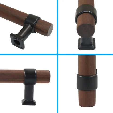 Four views of Two Pack Wooden Drawer Pull Handles Set With 128mm Center Hole Spacing for cabinets, featuring a classic T bar minimalist finish.