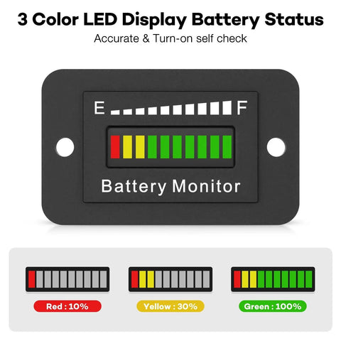 Front view of a black BM210 battery monitor with a 3-color LED display showing red, yellow, and green indicators.