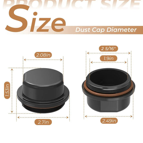 Two Pack Replacement Hub Caps For Dexter Vortex 81143 48355v K71 G01 73 21 261 With O Ring Fits Trailer Boats And Other Hub Kits Durable Dust Cap With Outer Thread Diameter Two And Five Sixteenths Inches shown in size comparison.