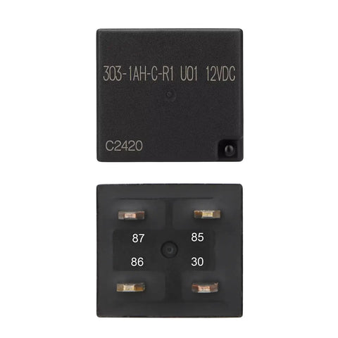 2 Pack 12V DC Automotive Relay Kit 20A SPST 4 Pin High Temp 125C showing top and bottom view of relay with pin numbers.