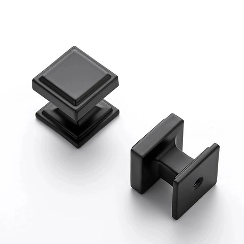Matte Black Square Cabinet Knobs 15 Pack 1 Inch Diameter Zinc Solid Drawer Pulls Farmhouse Cabinet Hardware Handles For Cupboard Dresser Closet And Bathroom Modern Knob Set For Cabinets, showing two knobs in close-up view.