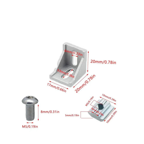 10 Set Aluminum Corner Brackets 90 Degree Right Angle L Connectors With T Slot M5 Bolts Nuts dimensions for 2020 Series