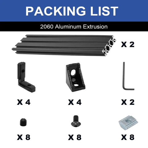Packing list of Two Pack 2060 T Slot Aluminum Extrusion 1220 Millimeter Black Extruded Aluminum Profile with screws and brackets