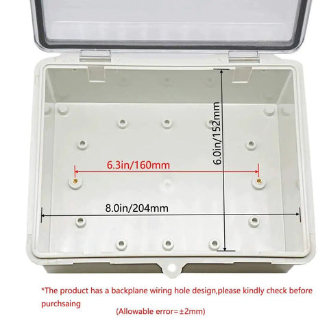 Open Rugged Outdoor IP65 Weatherproof Electrical Junction Box With Hinged Clear Cover And Two Cable Glands, interior view