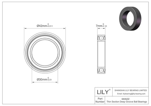 Diagram and 3D view of 10Pcs 6806ZZ Ball Bearings 30x42x7mm Thin Section Double Shield Chrome Steel High Speed Bearing For Robotics Hollow Shaft Motors Camera Gimbals And RC Drones, Ideal For Precision Projects, Smooth Rotations, Low Friction, And Fast Response.