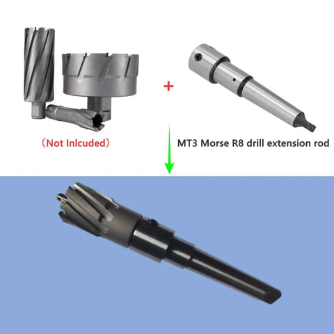 Annular Cutters Arbor MT3 Morse Taper To Three Quarters Inch Weldon Shank Drill Press Extension Arbor For Magnetic Radial Bench Lathe And Vertical Drills Core Drill Converter Shank, Supports 12 to 60 Mm Drill Bits And Right Angle Or General Purpose Bits, shown with MT3 Morse R8 drill extension rod