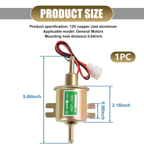Gold 12V Low Pressure Electronic Fuel Pump For Most Cars Replacement Part, Copper And Aluminum Construction, 12V size guide