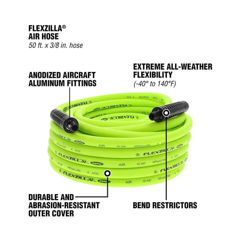 ZillaGreen Air Hose Three Eighth Inch By Fifty Feet With Quarter Inch MNPT Fittings coiled with bend restrictors shown