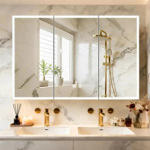 LED Medicine Cabinet 48 By 32 Inch With Demister and dimmable interior lighting, installed above bathroom sink with gold fixtures