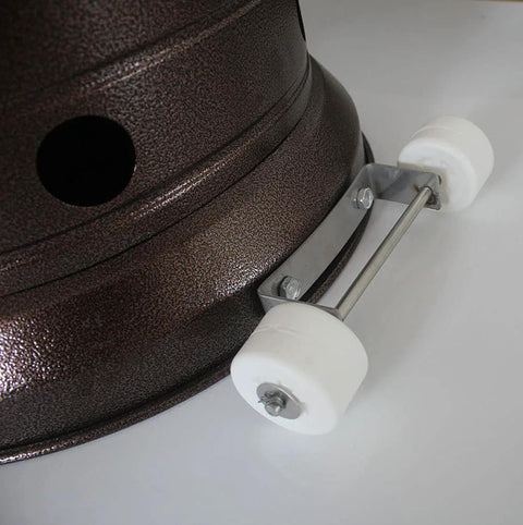 Patio heater wheel set with two white caster wheels and stainless steel bracket mounted to heater base.