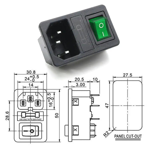 All-In-One Panel Mount AC Power Inlet Module With Fuses, Rocker Switch, and Green Pilot Light, IEC C14 Socket 250V 10A, dimensions view