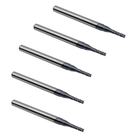 Carbide Square End Mill 4 Flute 5 Piece Set 1/16 Inch Cutting Diameter 1/8 Inch Shank 3/16 Inch Cutting Length 1-1/2 Inch Overall Length TiAlN Coated Solid Carbide For Milling Alloy Steels Hardened Steel Metal And More Ideal For DIYers And Pros, displayed on white background