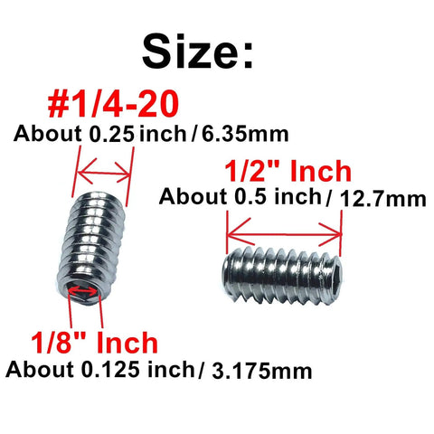 Diagram showing sizes of 50 Piece Set Screws Kit 1/4-20 X 1/2 Inch Hex Socket Grub Screws With 1/8 Inch Allen Wrench, 304 Stainless Steel