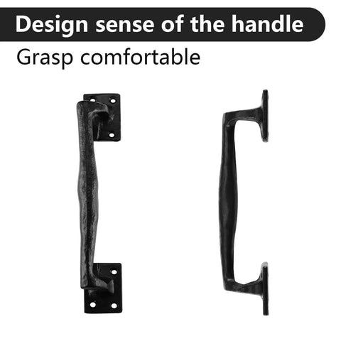 Two nine and three quarters inch rustic cast iron gate handles with black finish, designed for sliding barn doors.