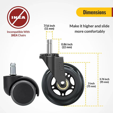 Office Chair Wheel Replacement Set Of 5 11x22mm 3 Inch Black Polyurethane Casters For Hardwood Floors And Gaming Chairs Quiet Smooth Rolling With Precision Ball Bearings Designed For Safe Glide Across Hardwood Tile And Carpet In Shared Offices And Homes. Side and front view, dimensions displayed.
