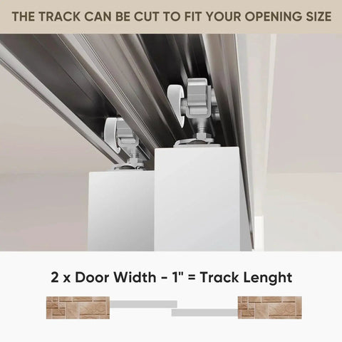 Close-up of heavy duty aluminum bypass sliding door hardware kit for two doors with five foot track system and smooth rollers.