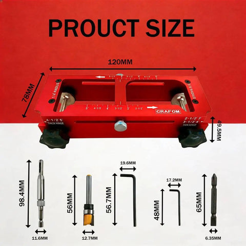 Door Hinge Jig Kit For Router in red aluminum with various tool sizes displayed, including hex keys and drill bits.