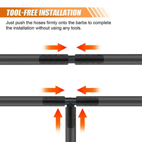 Diagram showing tool-free installation of 125 Piece Vacuum Connector Kit For Auto Hose Fittings And Tubing Nylon Barbed Tee Reducer And Straight Connectors