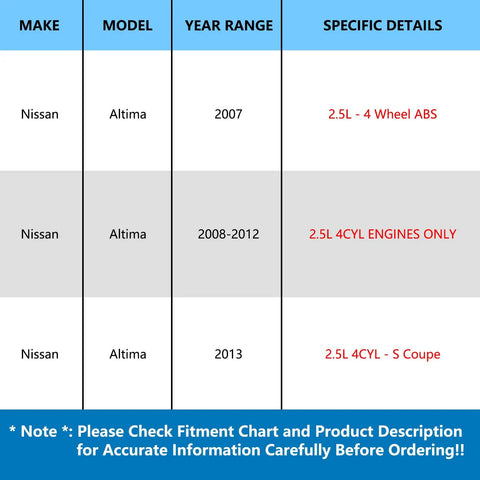 Fitment chart for Pair Front Wheel Hub Bearing For Nissan Altima 2007 Through 2013 2.5L 4-Cylinder Models Only With ABS Encoder.