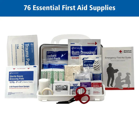 ANSI A 2021 And OSHA Compliant 10 Person First Aid Kit with 76 Pieces, including bandages, gauze, eye wash, and burn cream displayed.