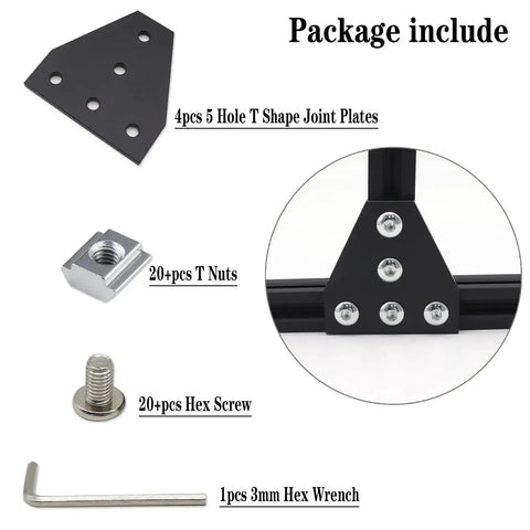 Package includes 4 T Shape Five Hole Corner Joint Plates for 20x20 Aluminum Extrusion with T Nuts, M5 Screws, and Hex Wrench