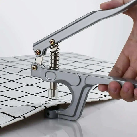 Close-up of All Purpose Snap Pliers Kit for Crafts and Clothing in use, showing easy snap fastener tool set for T3 T5 T8 snaps on fabric.