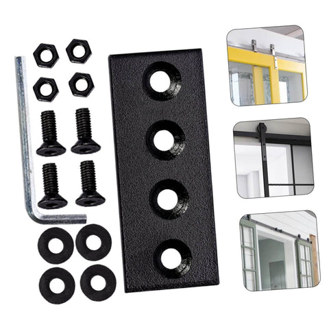 Carbon Splicing Piece Barn Door Track Connector Plate Kit No Fuss Install For Smooth Operation Easy Rail Assembly Track Fixing Bracket Flat Mending Repair Plate Quiet Durable Barn Door Sliding System Upgrade For Home Use, showing black hardware components and assembly illustrations.