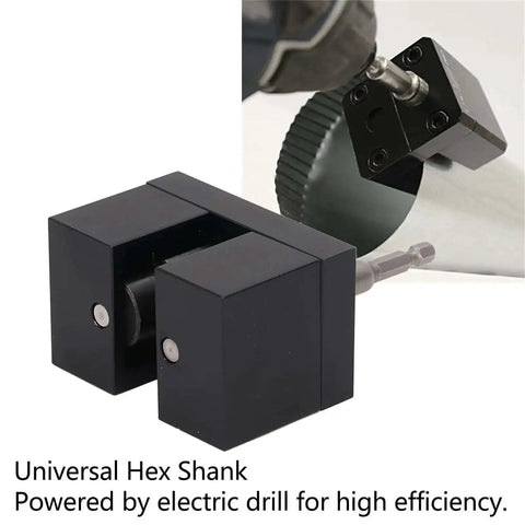 Power Assisted Impact Crimper for duct swaging and hydraulic hose shown with universal hex shank powered by electric drill.