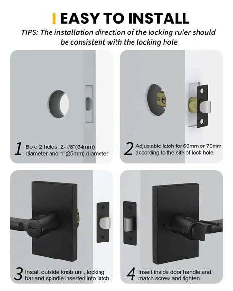 Installation guide for Black Door Handle Set For Interior Doors, Built To Last Heavy Duty Privacy Lever for Bedroom And Bathroom.
