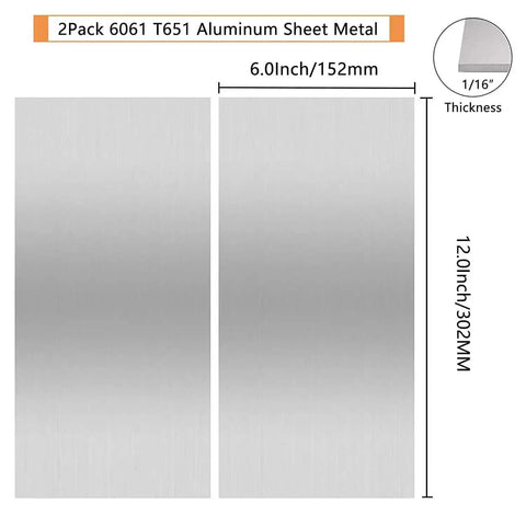 2-pack 6061 T651 aluminum sheet metal 6 by 12 by 1/16 inch flat plate with protective film, heat treatable for DIY projects