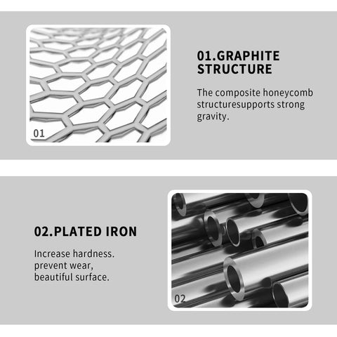 Exhaust gasket components infographic showing 01 Graphite Structure honeycomb pattern and 02 Plated Iron metal tubes.
