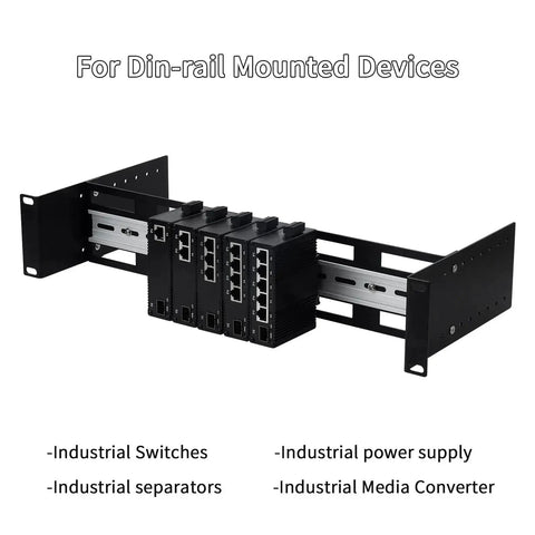 2U 19 Inch Rack Mount DIN Rail Kit Adjustable Depth 48 to 174 Millimeters Aluminum Rack Mount Bracket With 35 Millimeter DIN Rail For Industrial Media Converter Ethernet Switch Power Supply with devices mounted.