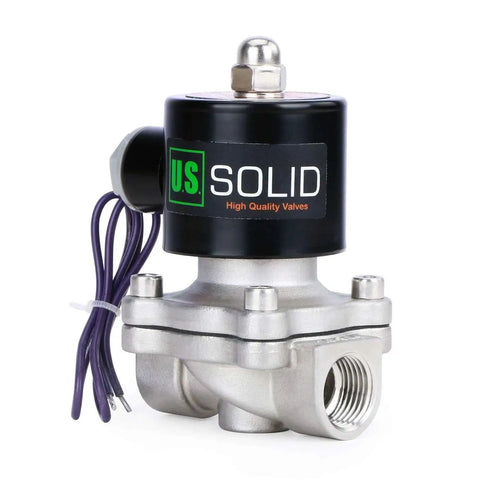 Front view of a 3/4 Inch Stainless Steel Electric Solenoid Valve 12V DC NC For Air Water Fuel With Viton Seals, black top, silver body.