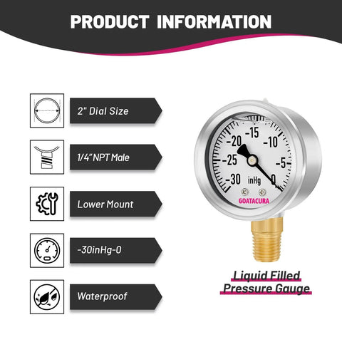 Glycerin Filled Vacuum Pressure Gauge For Vacuum Systems With Beast Tough Vibration Resistance 2 Inch Dial 304 Stainless Steel Case One Quarter Inch NPT Lower Mount High Accuracy GOATACURA