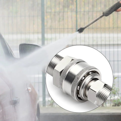 Close-up of TAISHER 304 stainless steel pressure washer quick-connect adapter with 3/8 in male end.