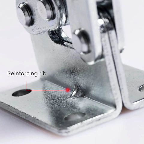 Close-up of a stainless steel push pull toggle clamp with reinforcing rib, ideal for woodworking jigs and fixtures.
