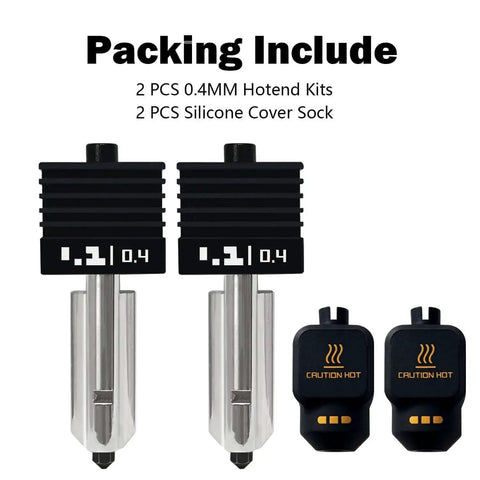 2 Pack Hardened Steel 0.4mm Nozzle Hotend Kit for H2S H2D P2S Combo Printers, Compatible with A1 Mini, shown with silicone socks