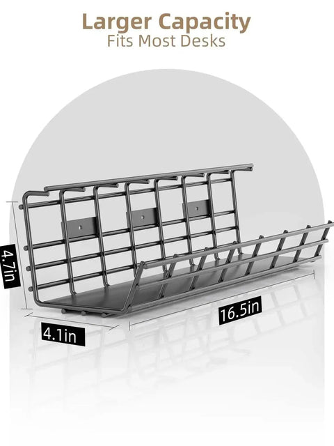 Wire Management Shelf with Easy No Fuss Pre Drilled Install Black, large metal tray dimensions, 2 Pack Under Desk Cable Management Trays