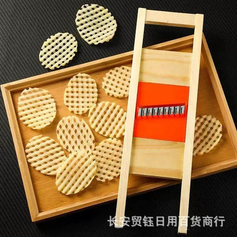 Manual Stainless Steel Wave Cutter For Potatoes And Vegetables, Crinkle Cutter With Solid Wood Handle shown with sliced potatoes