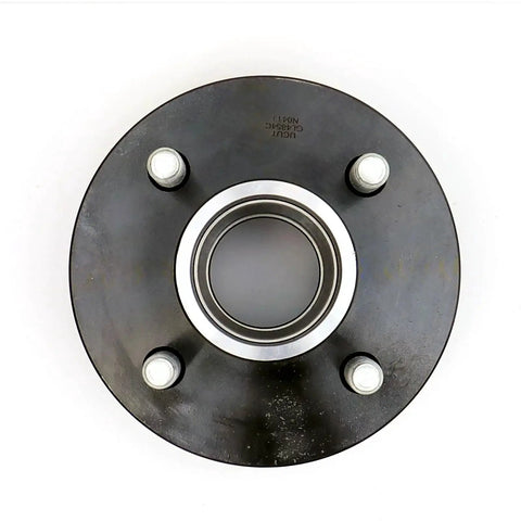 Top view of a 4-bolt trailer hub assembly kit for 4 inch circle, including a 1 inch straight spindle and bearings.