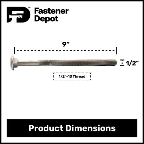1/2-13 X 9 Carriage Bolt Kit For Exterior Use With Beefy Hot Dipped Galvanized Finish, Self Locking Head, 9-inch bolt