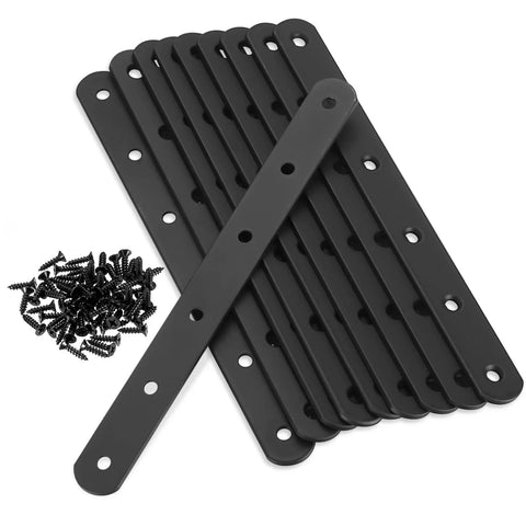 Heavy Duty Black Mending Plate And Straight Brackets Set For Wood And Furniture Repair with screws, rust resistant, smooth edges.