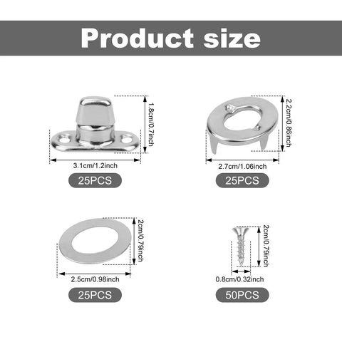 Product size diagram of Twist Lock Fasteners Kit 25 Sets With Zinc Alloy Eyelets And Studs Marine Grade