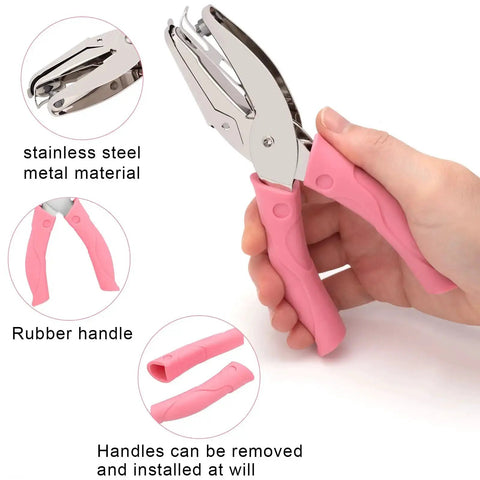 4 Pack Handheld Hole Punch Set With Heart, Star, Large Circle And Medium Circle Shapes, rubber grip, pink handle, for crafting