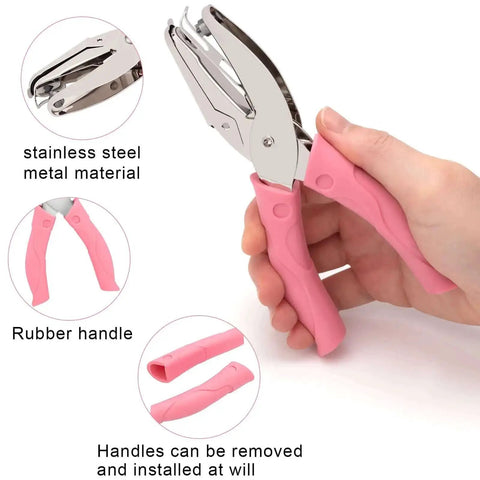 2 Pack Handheld Hole Punch Set With Heart And Star Shape Punches, stainless steel, ergonomic pink rubber handles, DIY crafts tool