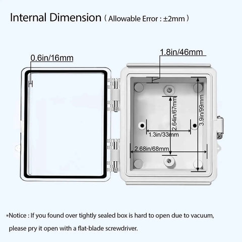 IP67 Waterproof Electrical Junction Box With Hinged Clear Cover And Stainless Steel Latch showing internal dimensions and mounting plate