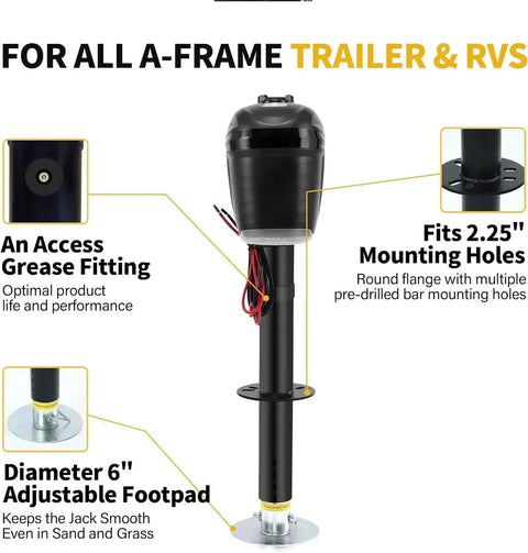 12V Electric RV Tongue Jack With Touchpad Controls 4,000 Lbs Lift 18 In Travel showing flange, grease fitting, and footpad.