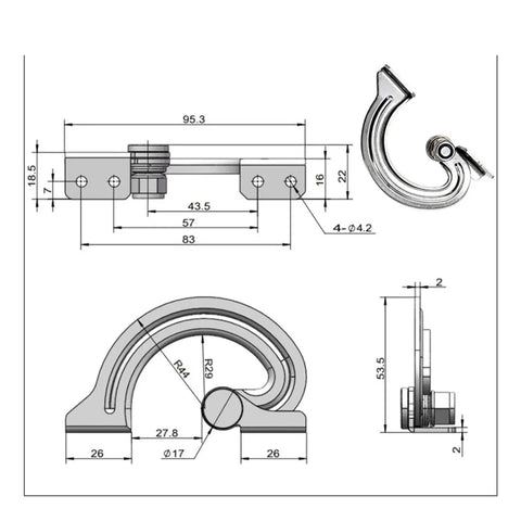 Stainless steel adjustable damping hinge with concealed torque; rendering shows front and side views.